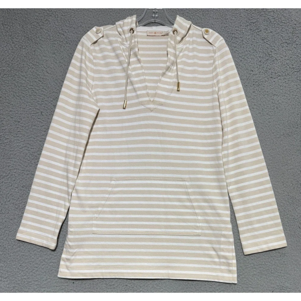 Tory Burch long sleeve striped oversized v-neck hoodie Womens Small Beige White